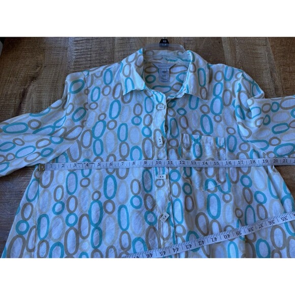 Multiples Women's Turquoise Tan Button Down Tunic Shirt Long Sleeve Asymmetric M - Picture 9 of 11